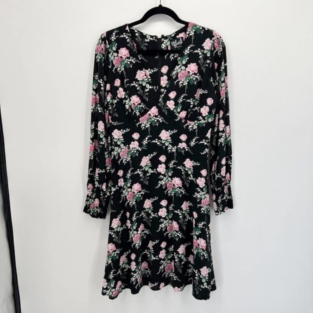 Hell Bunny Dress Womens Extra Medium Black Floral Rockabilly Pinup Flowy V-Neck